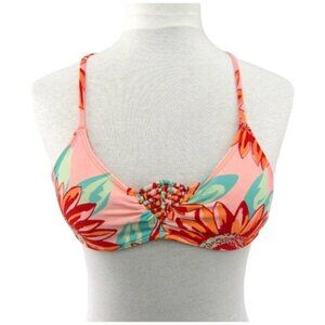 Aerie Scoop Pink Floral Padded Bikini Top Womens Size XS Tie Back Woven Detail